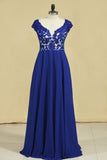 2024 V Neck Prom Dresses Cap Sleeves Chiffon With Applique PEENDYB8