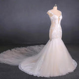 Charming Mermaid Tulle V-neck Wedding Dress, Sheer Back Long Bridal Dresses STI15112