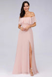 Charming Off Shoulder Ruffle Pink Chiffon Long Prom Dresses Bridesmaid Dresses STI15114