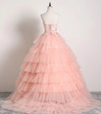 Princess Ball Gown Pink 3D Lace Multi-layered Prom Dresses, Tulle Quinceanera Dresses STI15292