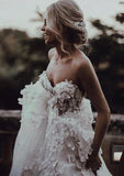 Charming Ball Gown Sweetheart Strapless 3D Flowers Tulle Off White Wedding Dresses STI15095