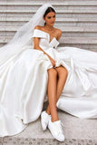 Ball Gown Off the Shoulder White Satin Wedding Dresses, Simple Cheap Wedding Gowns STI15065