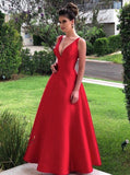 Simple Red V Neck A Line Satin Long Prom Dresses