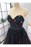 Elegant A Line Sweetheart Strapless Black Tulle Prom Dresses With STIPT11F6GE