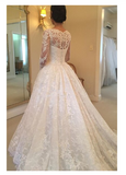 A-Line Lace Appliques V Neck Tulle Long Sleeve Ivory Covered Buttons Wedding Dresses