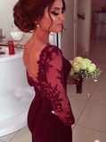 A-Line Sweetheart Long Sleeve Burgundy Prom Dress With Lace Appliques