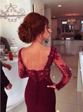 A-Line Sweetheart Long Sleeve Burgundy Prom Dress With Lace Appliques