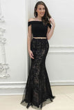 Charming 2 Pieces Black Lace Long Prom Dresses Modest Sheath PX3CQM2Q