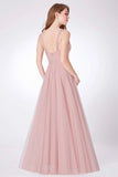 Simple A Line Pink V Neck Tulle Sleeveless Prom Dresses Long Bridesmaid Dresses STI15383