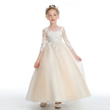 Half Sleeves Floor Length Champagne Tulle Flower Girl Dresses With Lace