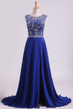 2024 Dark Royal Blue A-Line Bateau Sweep Train Chiffon&Lace Prom Dresses With P811FTLD