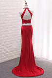 2024 Two Pieces High Neck Spandex Prom Dresses With Applique And Beads PKR7MZLC