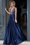 Formal Deep V-Neck Open Back Long Beading Satin Evening Dresses PMEQD7R7