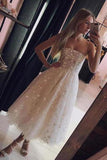 Spaghetti Strap Tea Length Starry Tulle Homecoming Dress PDYSP756