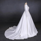 Ball Gown Long Sleeve White Satin Wedding Dresses, Long Simple Wedding Gowns STI15060