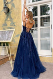 Elegant Blue V Neck Lace Long Prom Dresses Spaghetti Straps Evening STI20485