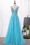 2024 V-Neck A-Line Prom Dresses Tulle With Beadings Open Back PSGHMB7M