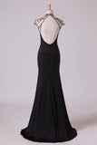 2024 New High Neck Sheath Prom Dresses Spandex With Beading & PGXTKMA7