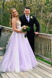 A Line Lilac Appliques V Neck Long Prom Dresses, Long Prom Formal Gowns STI15004