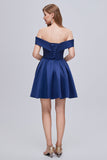 Cute Blue Off The Shoulder Lace Up Satin Homecoming Dresses