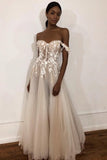 Unique Off The Shoulder Ivory Long Wedding Dress With Appliques Sweetheart Wedding STIPMJM4785