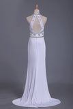 2024 Spandex Prom Dresses High Neck Beaded Bodice Sweep Train P2N967HK