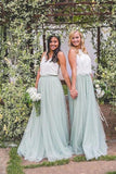 2 Pieces Tulle Ivroy And Mint Long Simple Cheap Elegant Bridesmaid Dresses STI15543