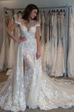 Gorgeous Cap Sleeves Sheer Neck Long Wedding Dress With Detachable STIPLAP8XH8