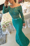 2024 Long Sleeves Boat Neck Prom Dresses Mermaid Lace With Sash And PJB6SF3D