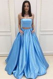 Pretty 2 Pieces Long A-Line Blue Strapless Prom Dresses PFE4RNKR