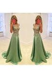 2024 New Arrival Prom Dresses V Neck Satin With Applique And Beads PBXYSMBQ