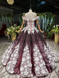 Ball Gown Off the Shoulder V Neck Satin Prom Dresses with Hand Made Flowers, Quinceanera Dress STI15064