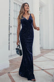 V-Neck Spaghetti Straps Velvet Dark Navy Blue Mermaid Evening Dress, Prom Dresses STI15480