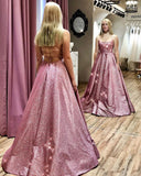 Unique A line Pink Sequins Spaghetti Straps Prom Dresses, Evening STI20450