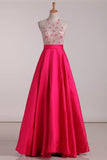 2024 A Line Scoop Beaded Bodice Open Back Satin Floor Length Prom P5K8X8NC