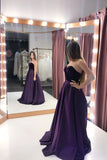 A Line Purple Satin Sweetheart Long Prom Dresses With Pockets, Strapless Evening Dresses STI15015