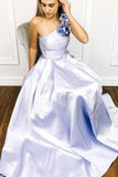 Simple One Shoulder Satin Floor Length Prom Dress With Flowers Cheap Long PH79M1PZ