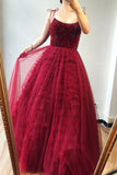 A-Line Burgundy Tulle Beaded Spaghetti Straps Scoop Long Prom STI20390