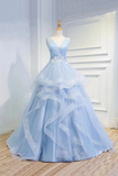 Puffy V Neck Sleeveless Tulle Prom Dress With Appliques Quinceanera STIP4EM4EZY