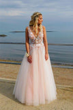 Elegant Deep V Neck Backless Long Pink Prom Dress with Appliques Beading, Party Dress STI15165