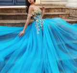 Elegant Off the Shoulder Blue Lace Prom Dresses with Gold Appliques Tulle Party Dresses STI15187