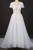 A-line Short Sleeves Beads V Neck Lace Applique Wedding Dresses, Bridal Dress STI15051