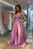 2024 A Line V Neck Satin Prom Dresses With Beading PY5569AX