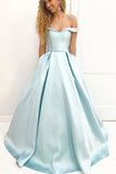 Light Blue A Line Brush Train Off Shoulder Sleeveless Prom Dresses