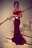 Red Sheath Sweep Train Off Shoulder Mid Back Appliques Prom Dresses