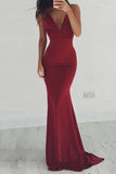 Burgundy Sheath Brush Train Deep V Neck Sleeveless Backless Prom Dresses