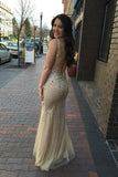 Sheath Floor Length Sheer Neck Sleeveless Backless Beading Prom Dresses