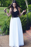 Black White A Line Floor Length V Neck Spaghetti Appliques Prom Dresses