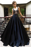 Black A Line Brush Train Sleeveless Appliques Prom Dresses