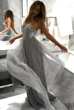 Spakle Gray A Line Deep V Neck Spaghetti Sleeveless Open Back Prom Dresses